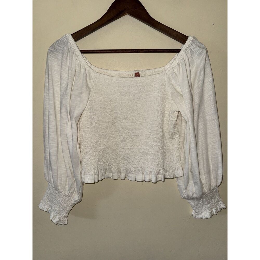 Anthropologie Pilcro White Smocked Cotton Balloon Sleeve Top Crop Small